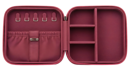 Stylish burgundy travel case with compartments for rings, earrings, and jewelry organization, ideal for home or travel storage solutions