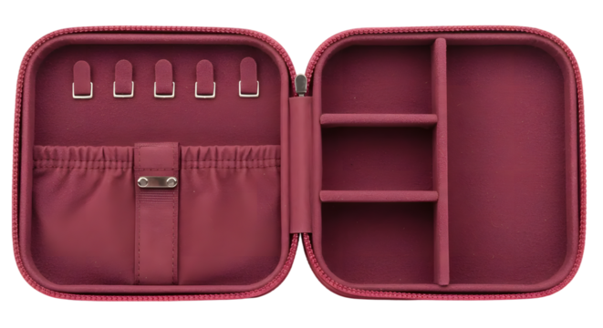 Stylish burgundy travel case with compartments for rings, earrings, and jewelry organization, ideal for home or travel storage solutions
