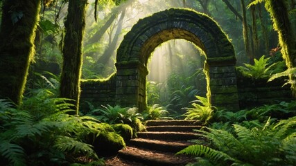 Obraz premium A mystical stone archway in a lush, green forest with sunlight filtering through the trees.