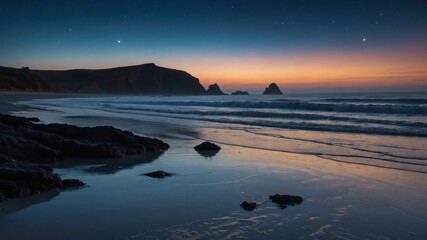 Fototapeta premium A serene beach landscape at twilight with gentle waves and rocky formations.