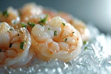 Fresh shrimp garnished with herbs served on ice ready for a seafood feast