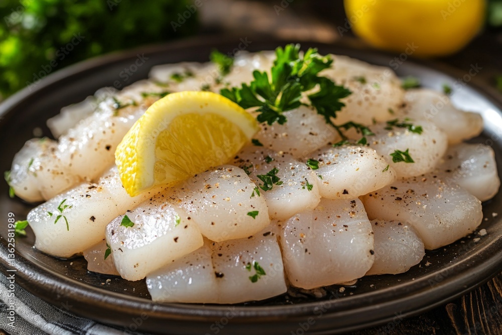 Aufkleber freshly prepared scallops garnished with lemon and herbs served on a rustic plate