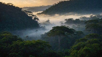 Lush green hills shrouded in mist during sunrise, showcasing nature's beauty.