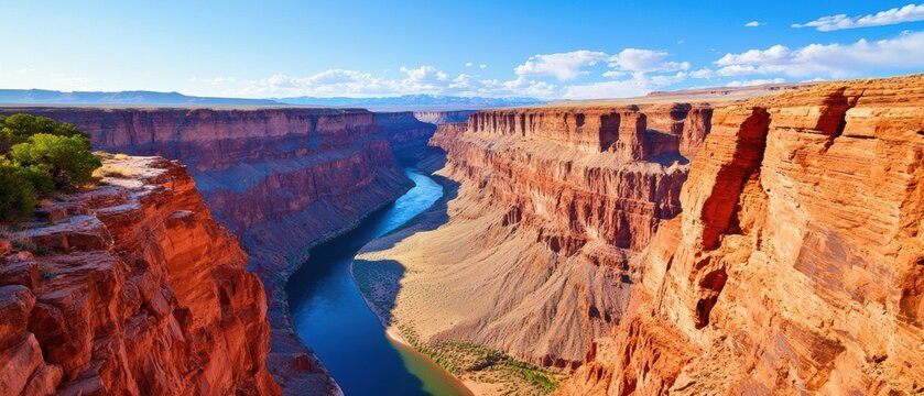 A breathtaking view of a grand canyon with a winding river, showcasing vibrant rock formations and a clear blue sky.