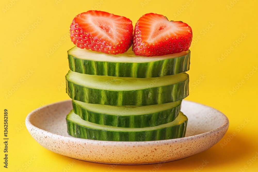 Poster fresh cucumber and strawberry stack on a yellow background featuring vibrant colors and healthy text