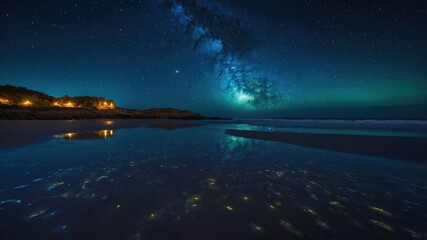 A serene beach scene under a starry sky with reflections in the water.