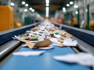 Crumpled papers and cardboard are scattered across conveyor belt recycling facility, showcasing process of waste management and recycling. scene conveys sense of industriousness and environmental
