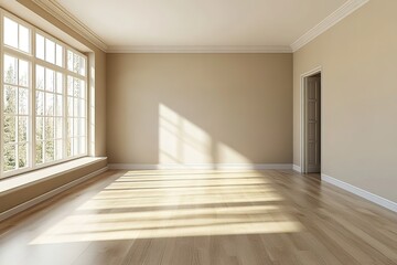 Fototapeta premium Bright Interior Space, Large Window, Hardwood Floor, Doorway, Natural Light, Walls