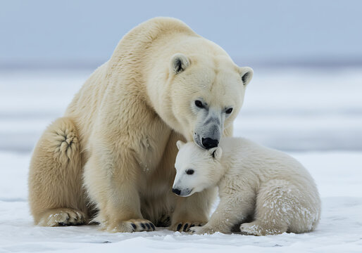 Close-Up of Polar Bear Nuzzling Her Cub in the Arctic Morning Light