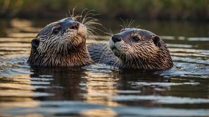 Two otters swimming together in calm water, showcasing their playful nature.