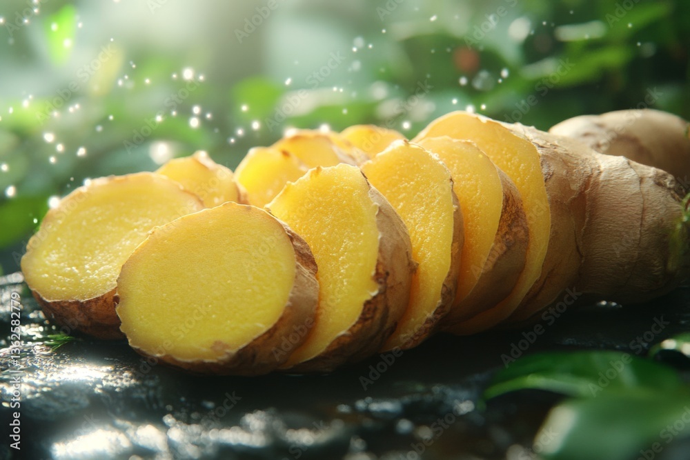 Poster freshly sliced ginger root surrounded by lush greenery capturing the essence of natural flavor and h