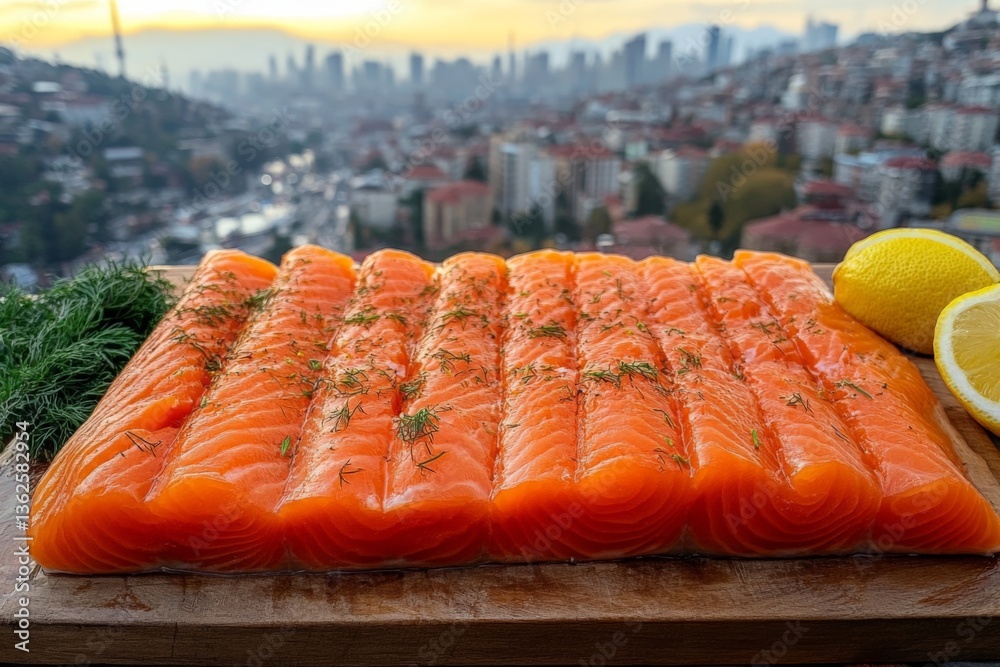 Aufkleber fresh salmon fillet displayed with city skyline in the background during golden hour in an urban set