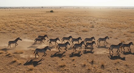 Aerial view of zebras galloping across a dry savanna