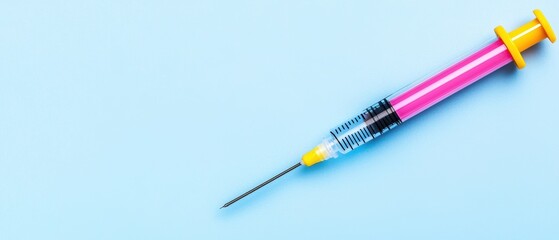 Syringe with a colorful design resting on a light blue background, emphasizing medical and healthcare themes.