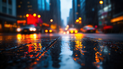 dark, rainy street in New York City showcases vibrant reflections on wet pavement, creating moody atmosphere filled with glowing lights and blurred vehicle movement