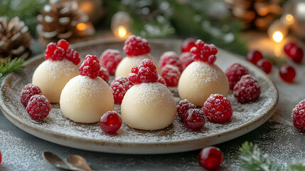 Fototapeta premium Holiday dessert Creamy round treats topped with fresh raspberries on a festive plate
