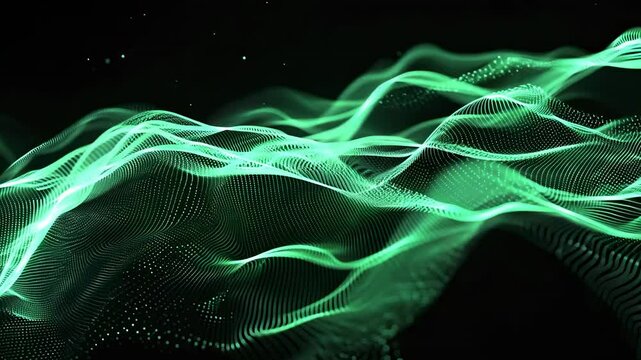 Green abstract digital wave of glowing particles and lines on dark background symbolizing data and technology