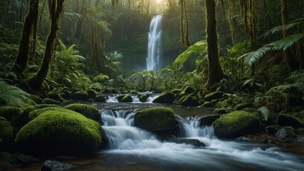 Obraz premium A serene rainforest scene featuring a waterfall and flowing river amidst lush greenery.