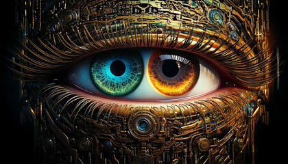 Obraz premium A futuristic cybernetic eye merging human anatomy with meta data. Perfect for AI, cybersecurity, transhumanism, and digital evolution themes. Ideal for sci-fi and tech-related design