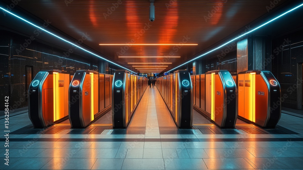 Aufkleber Automated checkpoints are set up in a busy urban transportation hub, designed for efficient security and inspection of passengers while enhancing mobility and surveillance.