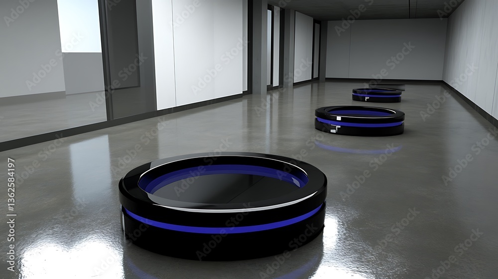 Poster futuristic architectural scene featuring circular objects in a corridor space