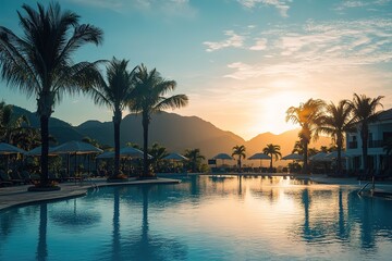 Obraz premium Tropical Paradise Palm Trees Reflecting in Pool at Sunset with Mountain Backdrop