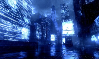A dark blue cyberpunk cityscape at night, with glowing neon signs and holographic billboards