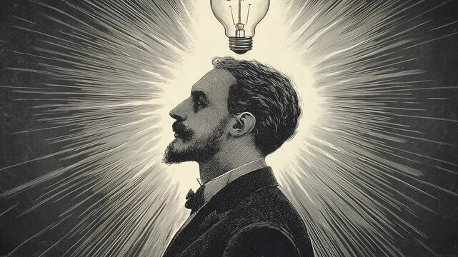 Vintage sketch of thoughtful man in profile with glowing light bulb above head symbolizing idea and creativity