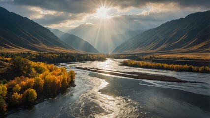 Serene river flowing through mountains under a dramatic sky with sunlight breaking through clouds.