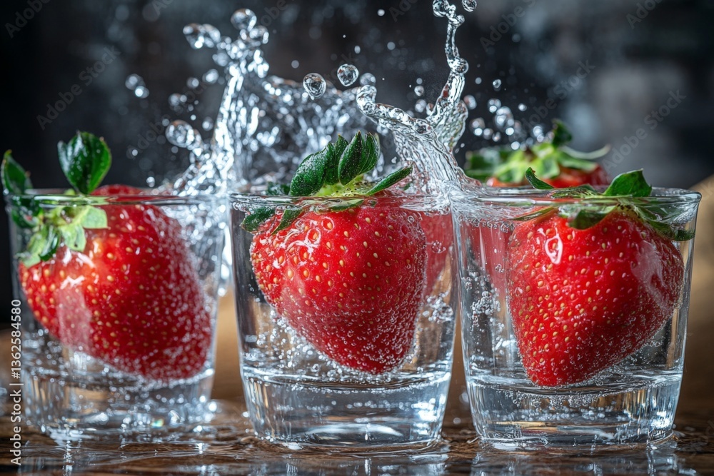 Poster splashing strawberries create a vibrant display in glass cups filled with sparkling water on a woode