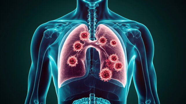 detailed illustration of human lungs affected by cancer cells, showcasing spread of disease within respiratory system. This visual representation highlights impact of cancer on lung health