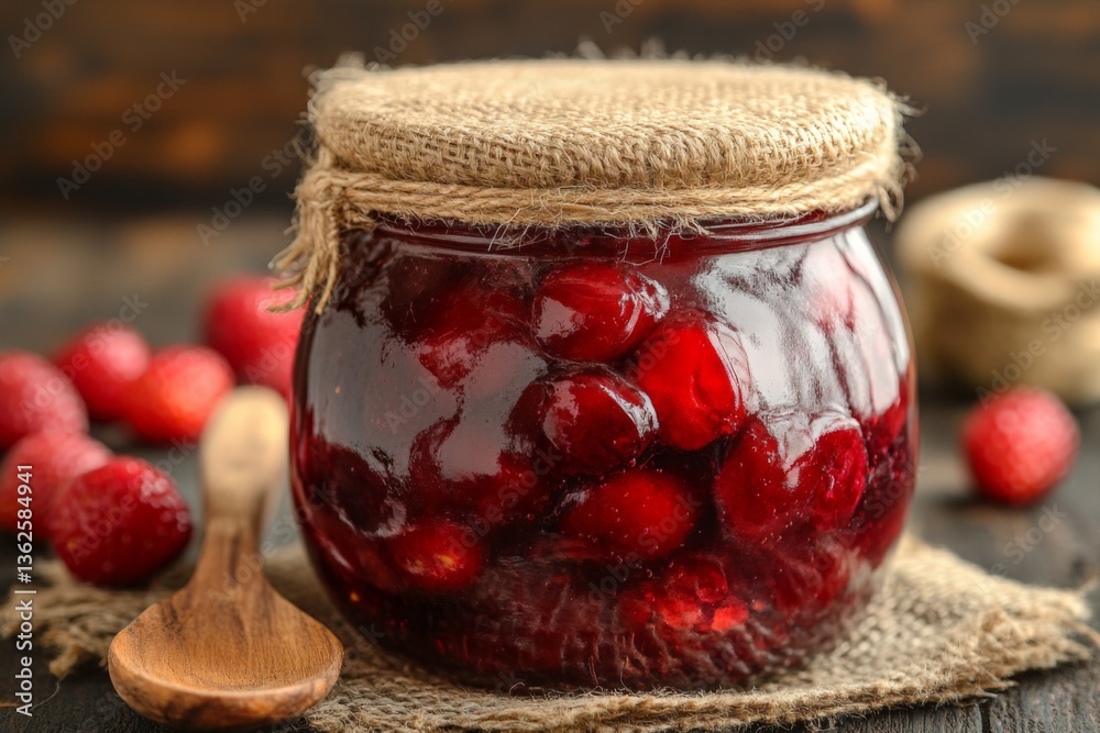 Aufkleber Homemade raspberry jam in a jar on a rustic wooden table surrounded by fresh raspberries