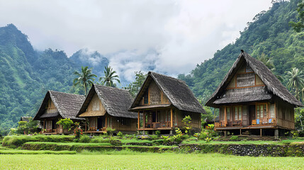 Obraz premium Rural Village with Traditional Thatched Houses Surrounded by Green Rice Fields and Mountainous Landscape Under Cloudy Sky in Southeast Asia