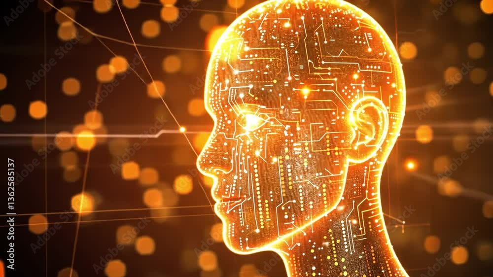 Poster glowing digital human silhouette futuristic design with intricate circuit patterns symbolizing artif