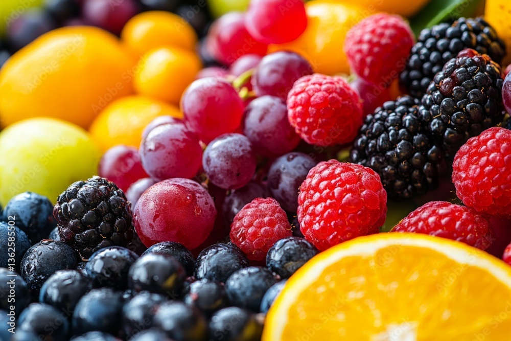 Poster fresh assortment of colorful fruits displayed with droplets of water in a vibrant arrangement