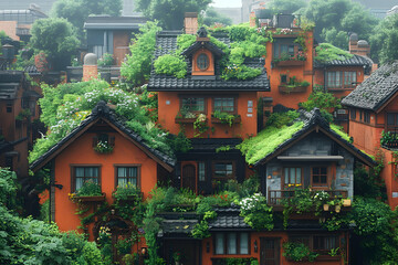 Fototapeta premium Houses nestle together, with greenery on roofs and walls, in a lush, foggy landscape