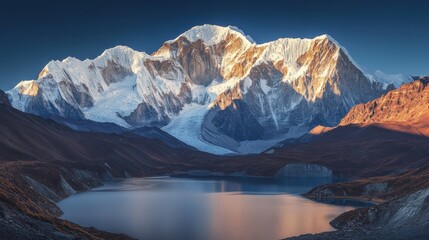 Obraz premium Majestic Himalayan sunrise, lake reflection, mountains, adventure travel poster