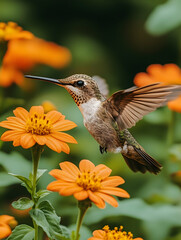 Fototapeta premium Hummingbird hovers near bright orange flowers against a green foliage background