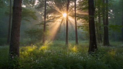 Obraz premium Sunlight streams through trees in a misty forest, illuminating a tranquil scene.