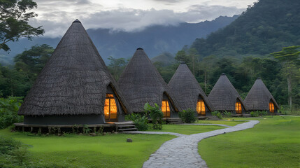 Thatched Roof Huts at Exotic Green Jungle Landscape Pathway to Resort Lodges Featuring Tranquil Tropical Vacation With Dense Forest Mountain Background