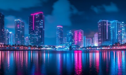 Fototapeta premium A dark cityscape at night, with neon lights reflecting on the water's surface