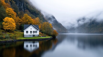 Fototapeta premium Tranquil Lakeside Cabin in Autumn (1)