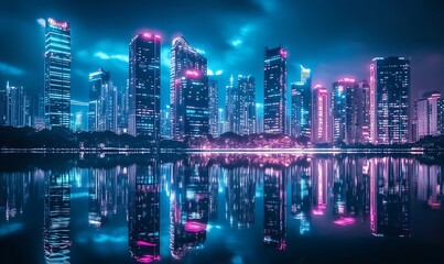Obraz premium A dark cityscape at night, with neon lights reflecting on the water's surface