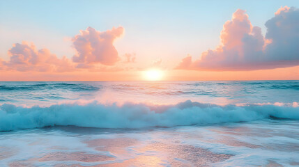 Naklejka premium Vibrant Ocean Waves Under a Pastel Sunset Sky Casting Soft Light on the Water Creating a Tranquil Seascape