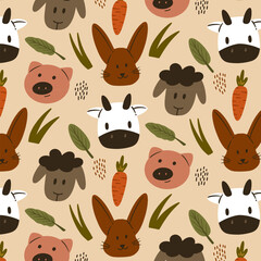 Fototapeta premium Cute Animal Farm Heads Pattern