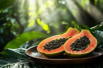 Freshly cut papaya sits on a wooden plate surrounded by lush greenery in a sunlit tropical setting