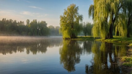 A serene riverside scene with willow trees reflecting in calm water during sunrise.