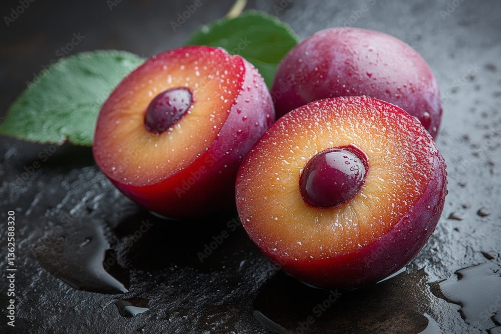 Poster freshly cut plums with droplets on a dark surface showcase their vibrant color and tempting texture