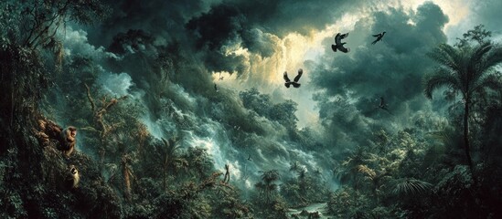 Tropical storm; birds fly; jungle scene; dramatic cloudscape; fantasy art