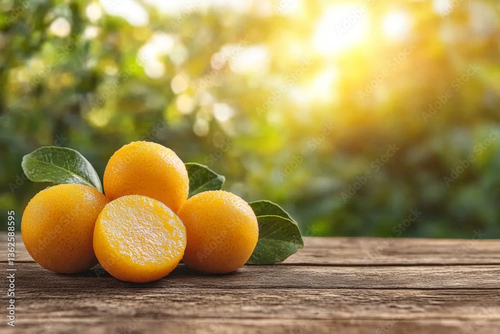 Poster fresh oranges positioned on a wooden table with a blurred garden and sunlight in the background